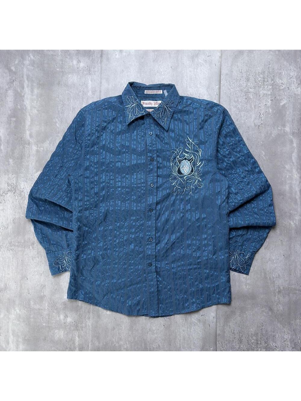 Y2K Blue Franky Max Grunge Gothic Embroidered Skater Long Sleeve Button Up Shirt